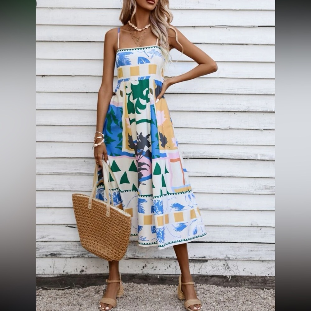 NWOT Blue Green Yellow Pink and White Midi Dress